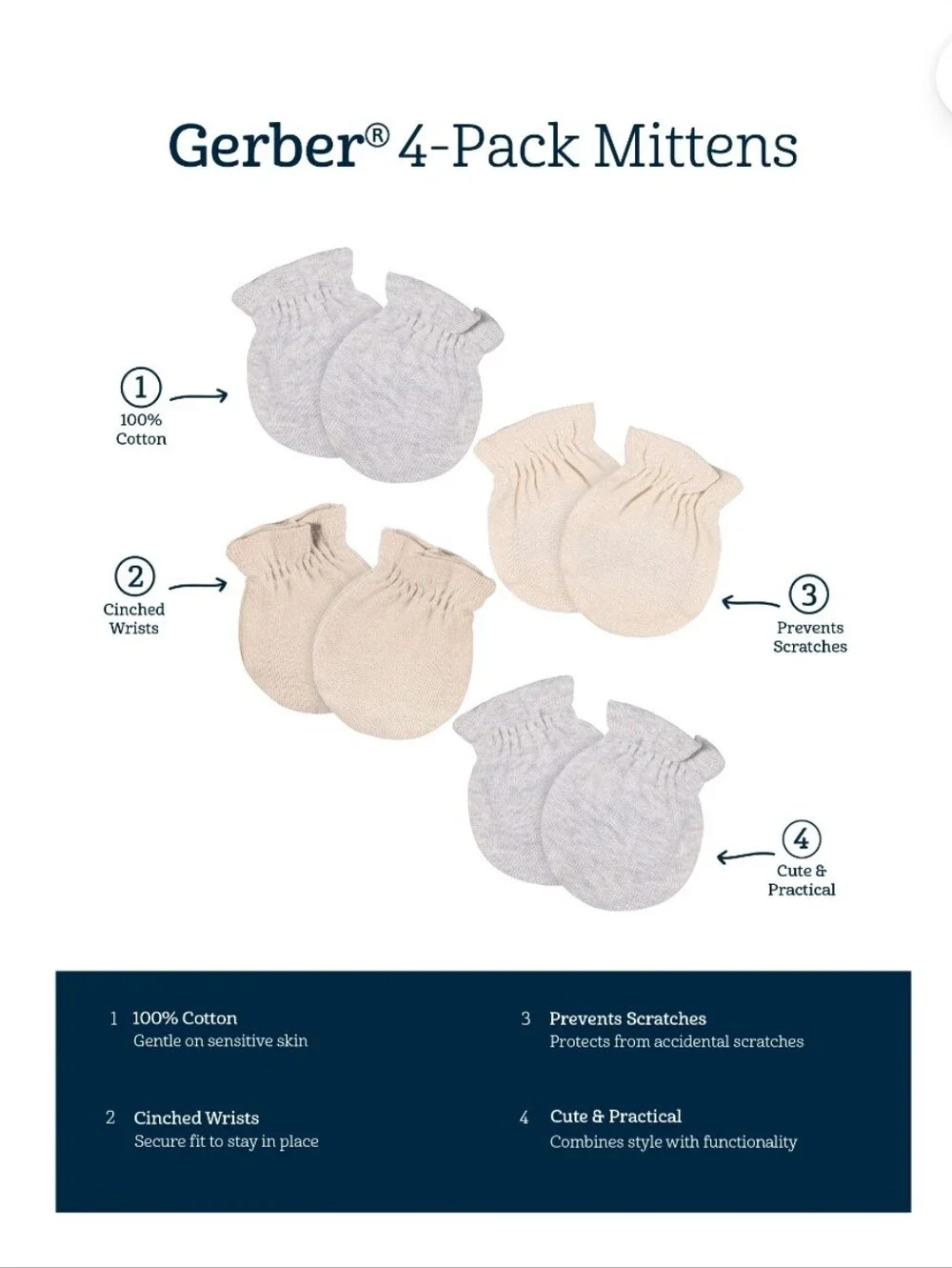 Gerber Baby Mittens 4-Pack in Cream and Light Gray Size 0-6m